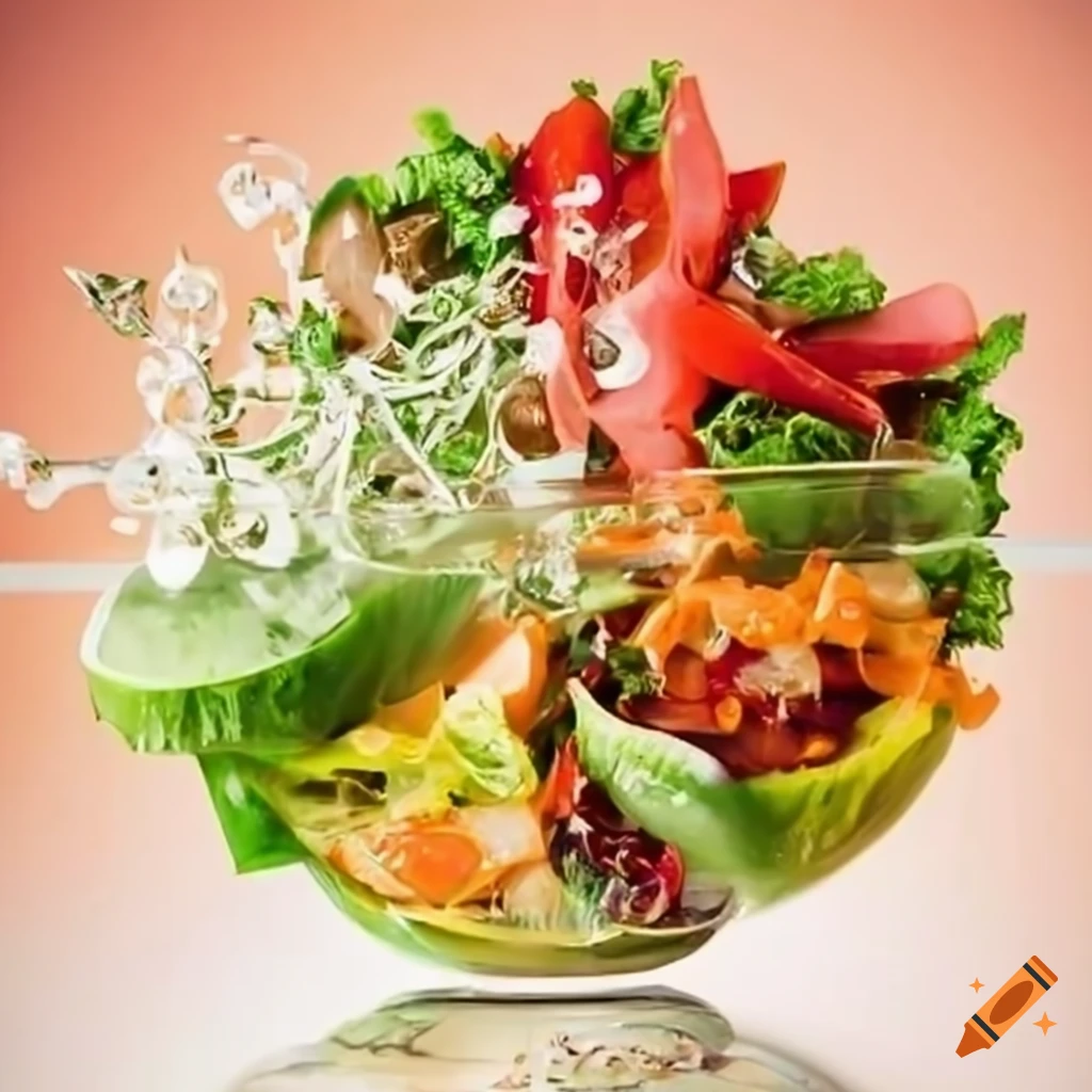 Glass salad bowls in a vibrant restaurant on Craiyon