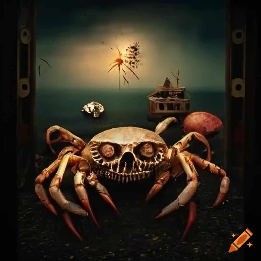 Surreal steampunk beach with crab machines and skulls watching a ...