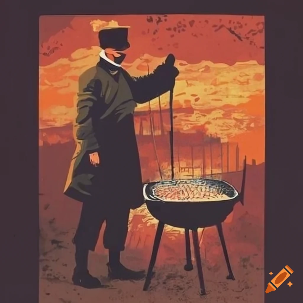 vintage-style poster of a man and a barbecue grill