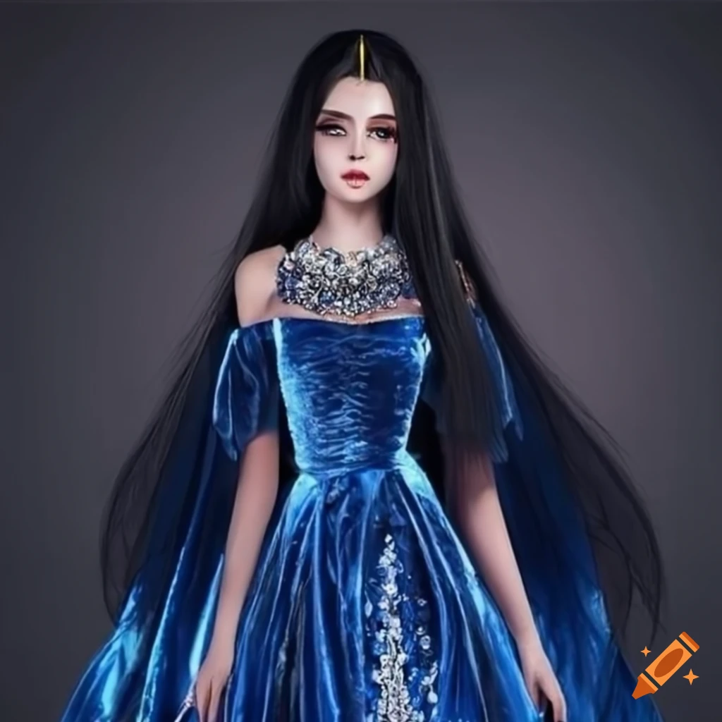 Image of a stunning princess in a dark blue sequin velvet dress on Craiyon