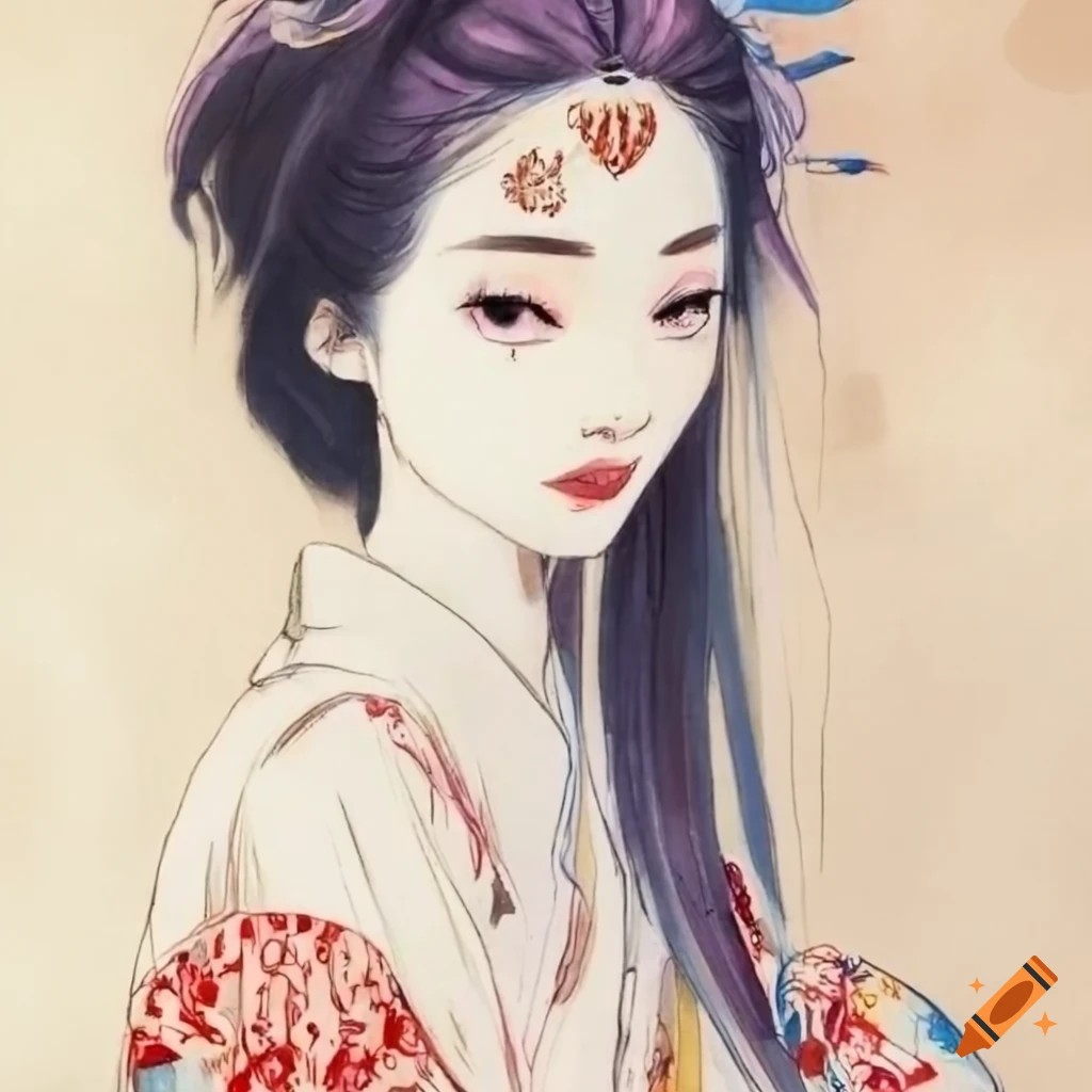 colorful ink sketch of a Japanese woman by Kawanabe Kyōsai and Yoshitaka Amano