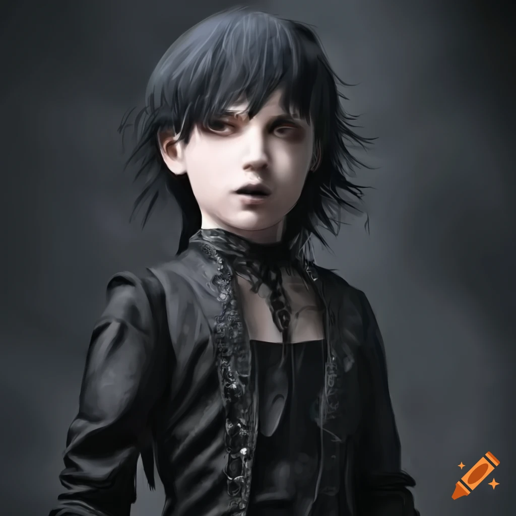 androgynous boy with long black hair and gothic attire