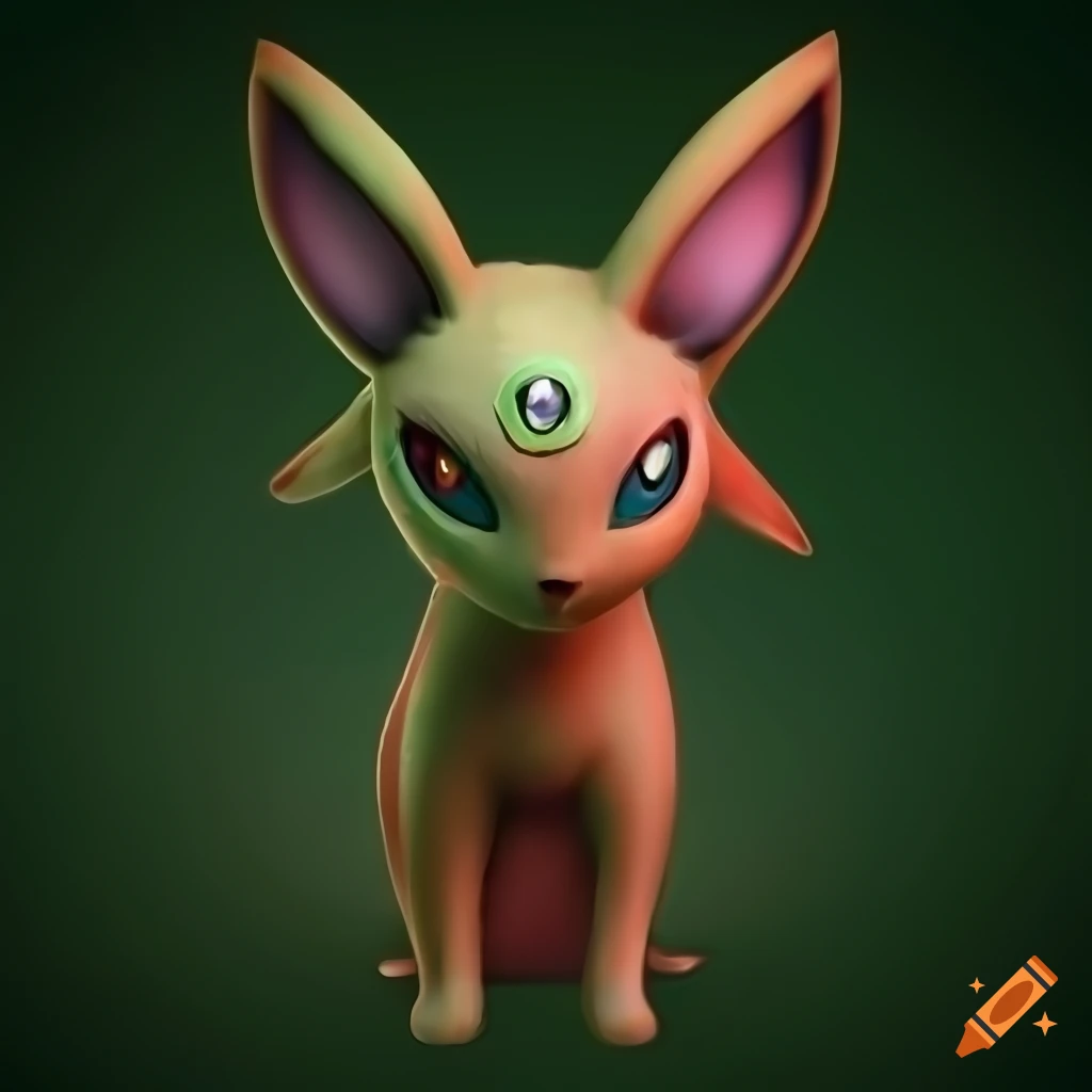 realistic depiction of a green Espeon with red gem