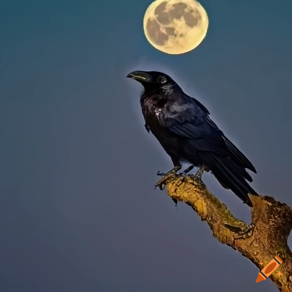 raven perched on tree branch under full moon