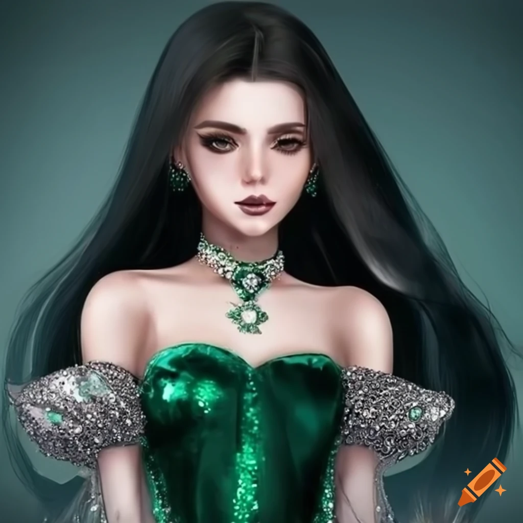 Ethereal princess in a dark green sequin velvet dress on Craiyon