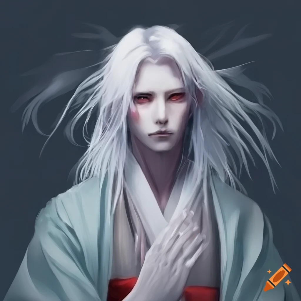 purple-clam274: 26 year old Albino anime man with eyes closed and long  white hair and a green tie