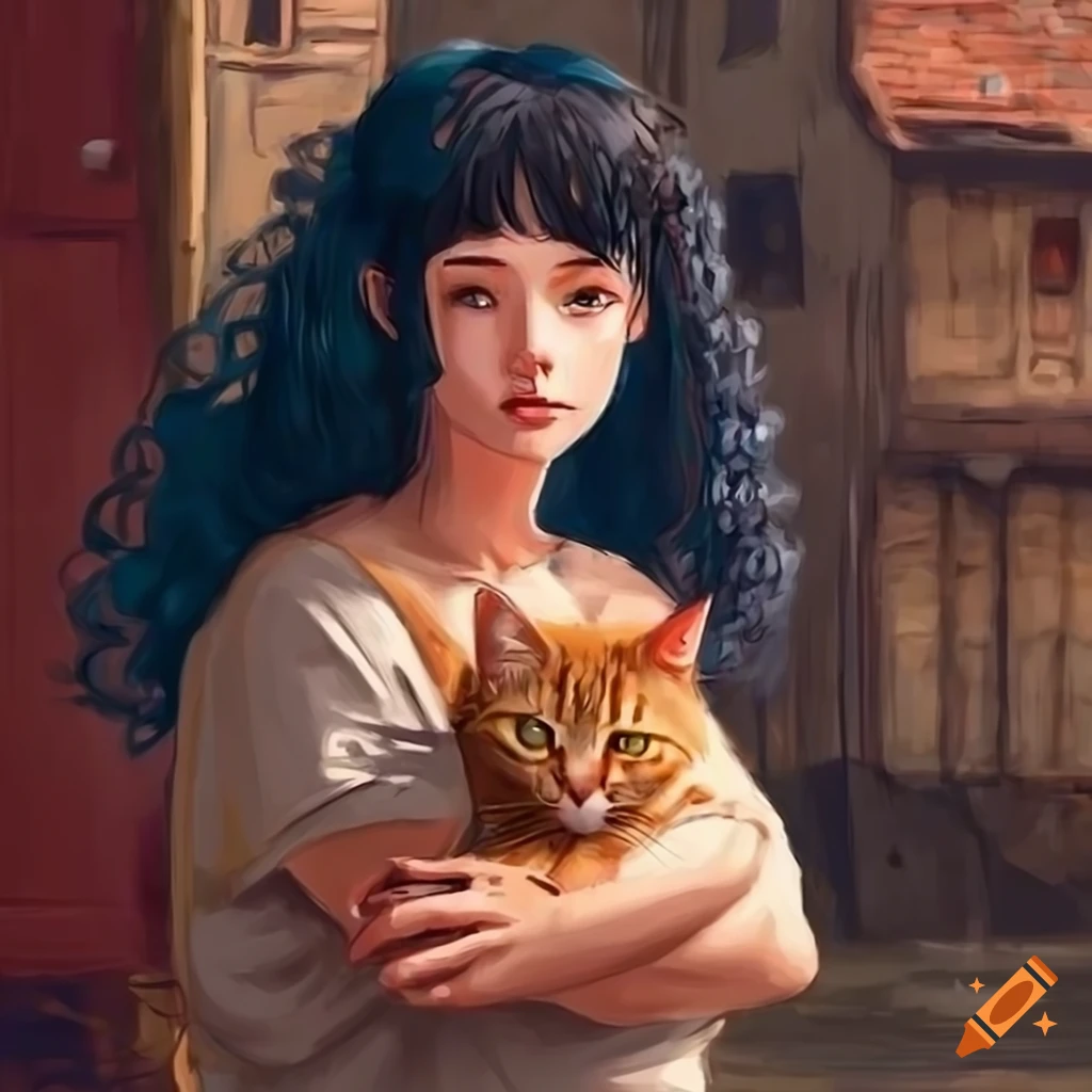 Ghibli style illustration of a young woman finding a tired red cat in a medieval city