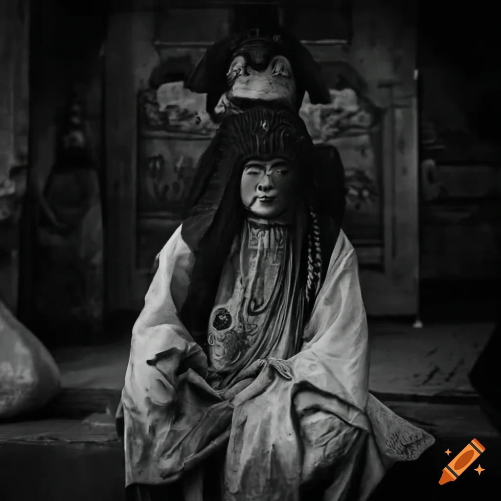 black and white photo of a Chinese shaman temple