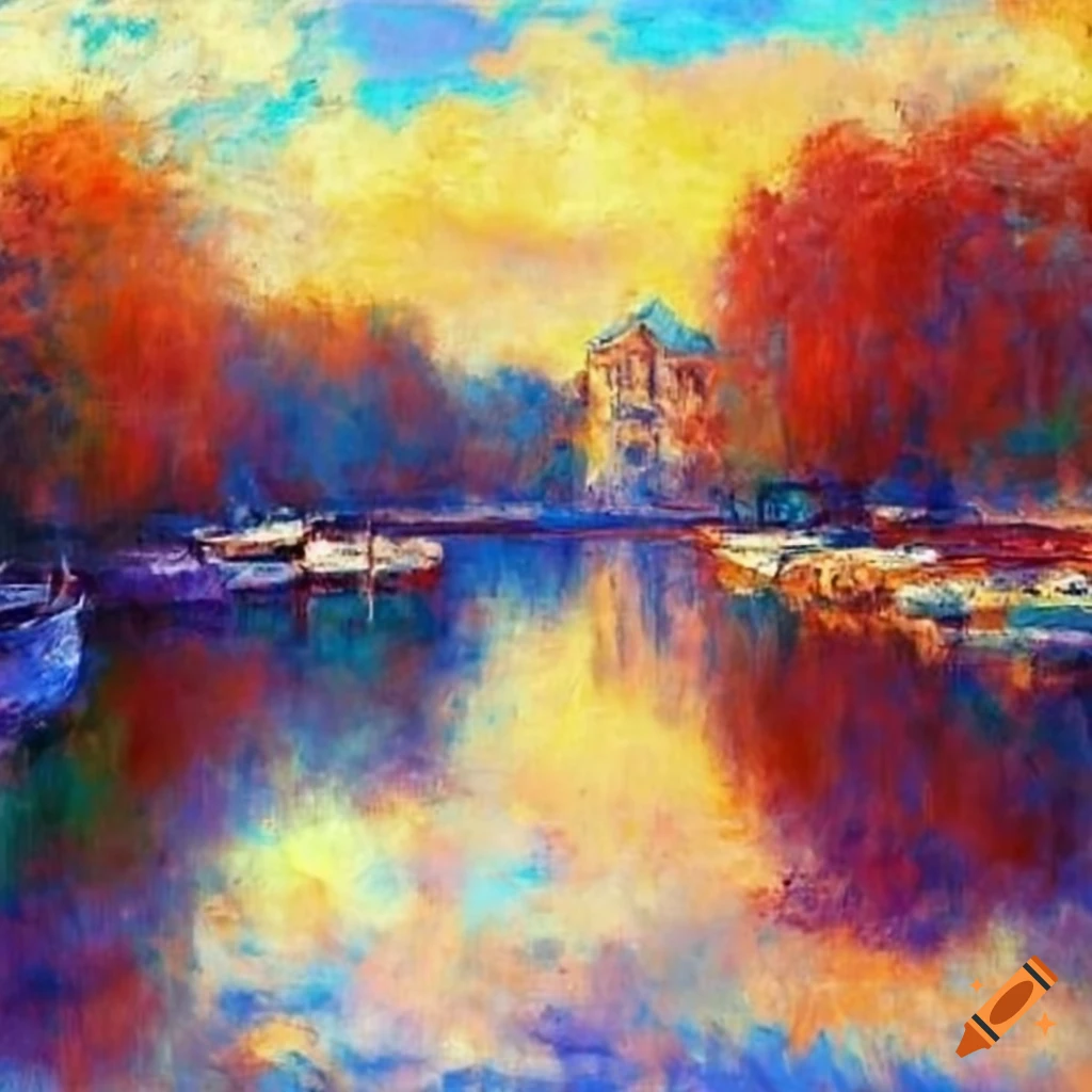 impressionist painting of a river embankment with boats and cityscape