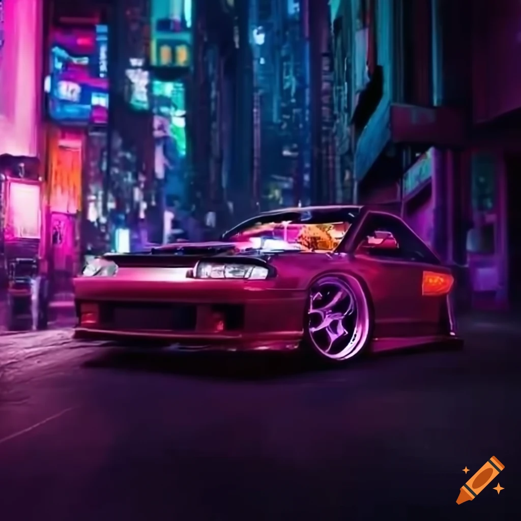 Cyberpunk cityscape with a tuned nissan silvia s15 on Craiyon