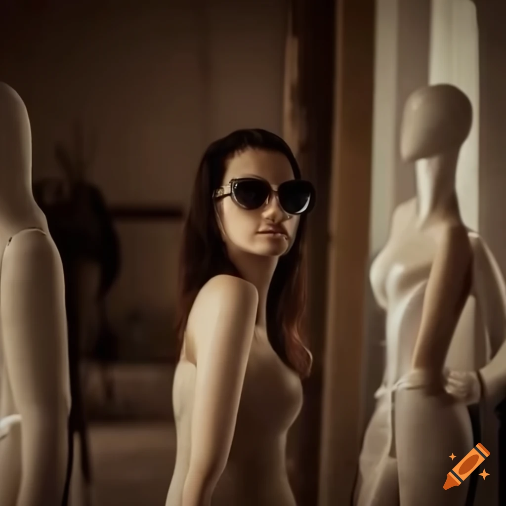 fashionable woman observing mannequins in a rustic location
