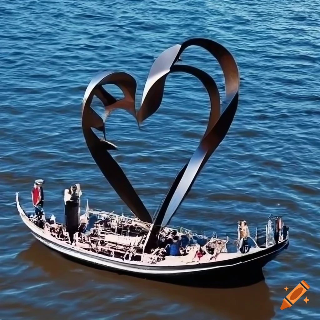 sailing boat with a steel heart sculpture in Amsterdam
