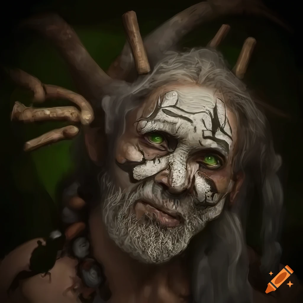 portrait of a shaman with face painting and smoking a pipe