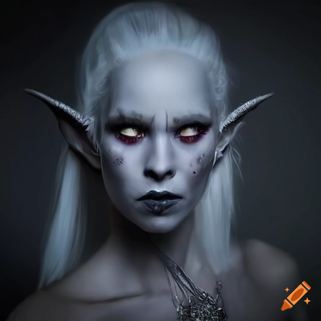 Dark elf with white eyes and hair on Craiyon