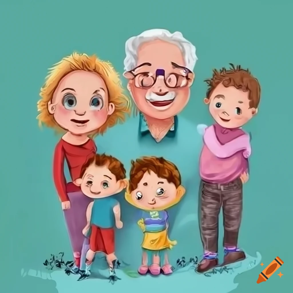 Cartoon Family Photo With Children And Grandparents On Craiyon