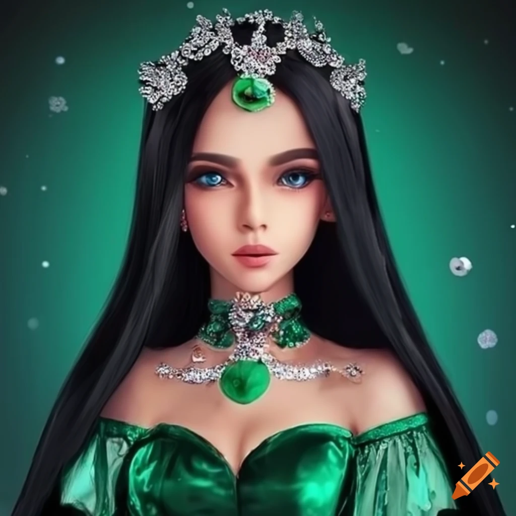 Image of a long-haired princess in a green sequin satin dress