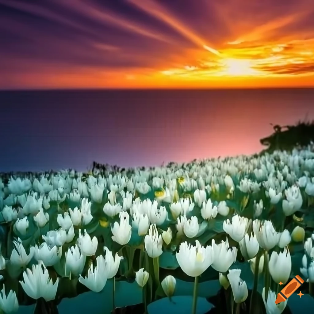 Beautiful lotus flowers in a serene ocean setting on Craiyon