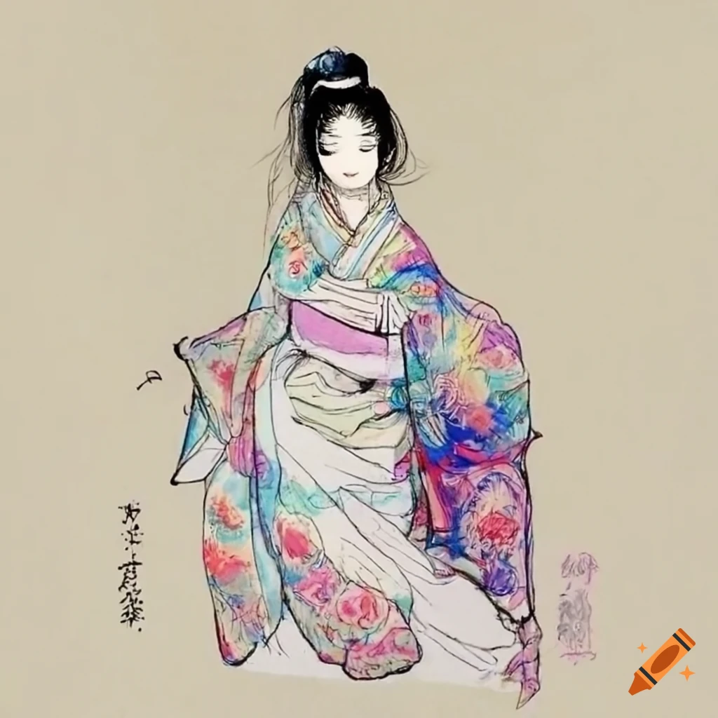 colorful manga sketch of a Japanese woman in white