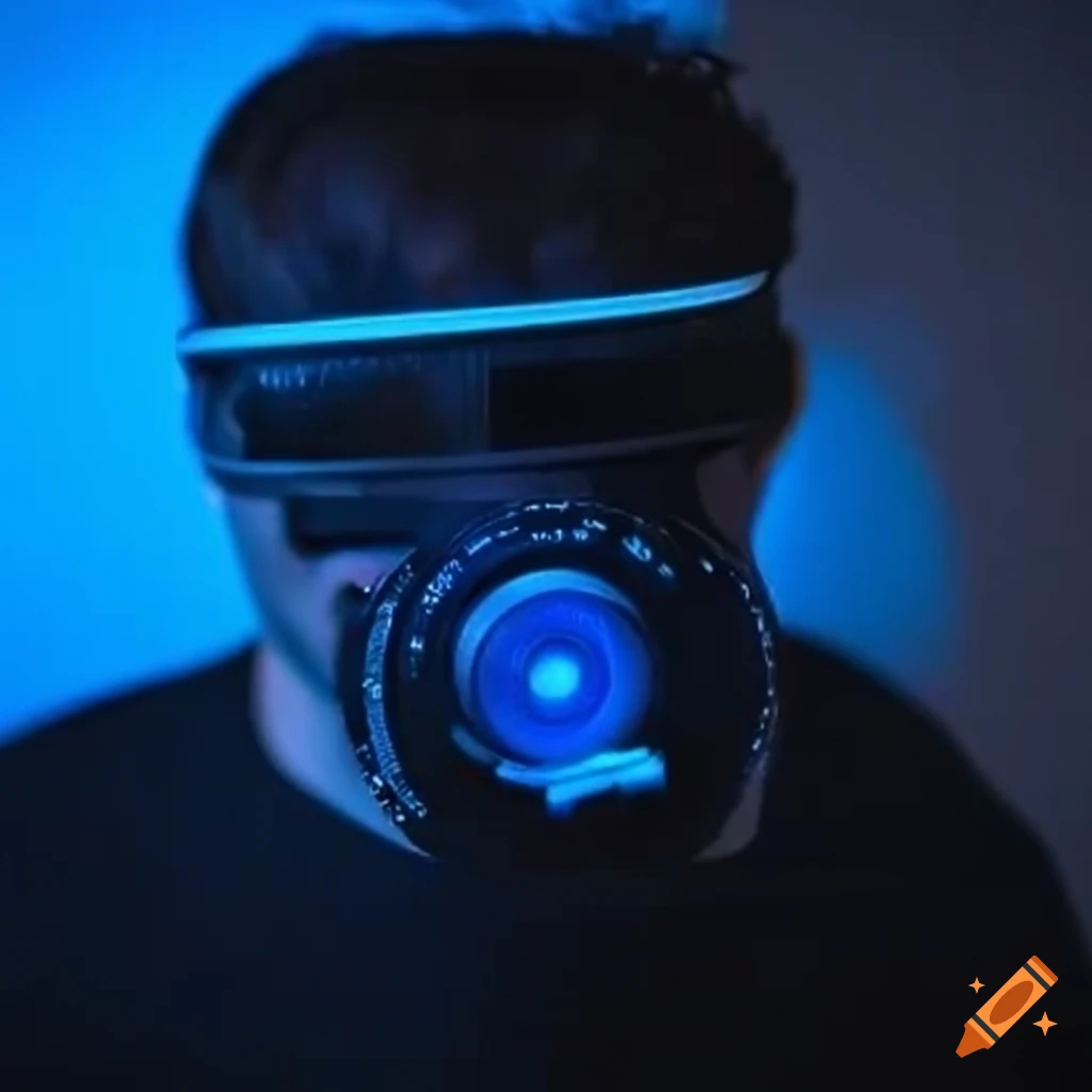 Surreal digital art of a human camera emitting blue light