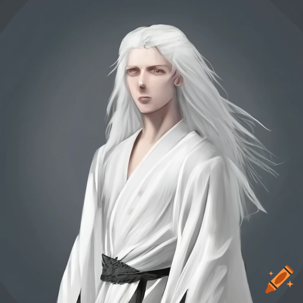androgynous person in white kimono with long white hair