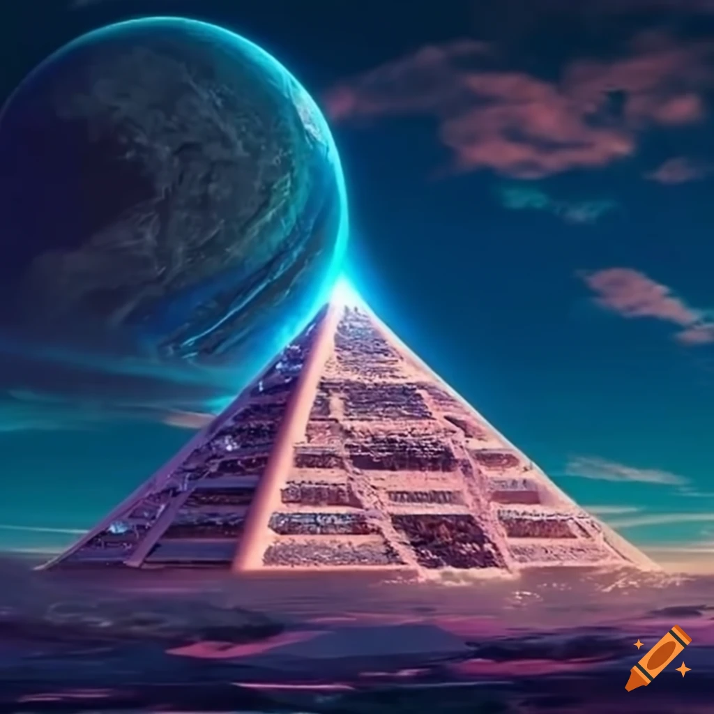 Futuristic pyramid flying in the sky