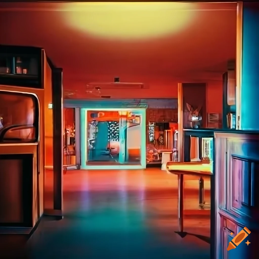 Kodachrome photograph of a motel lobby at dusk