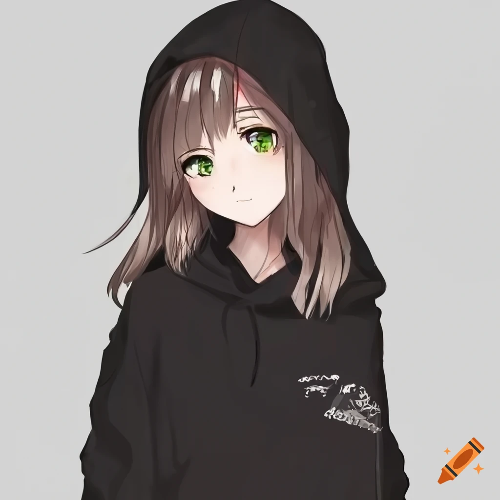 Cute Anime Girl in Black Hoodie and Green Eyes Stock Vector - Illustration  of cherry, shiba: 227737269
