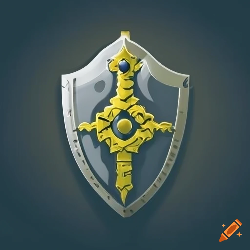 gray and yellow shield and sword logo