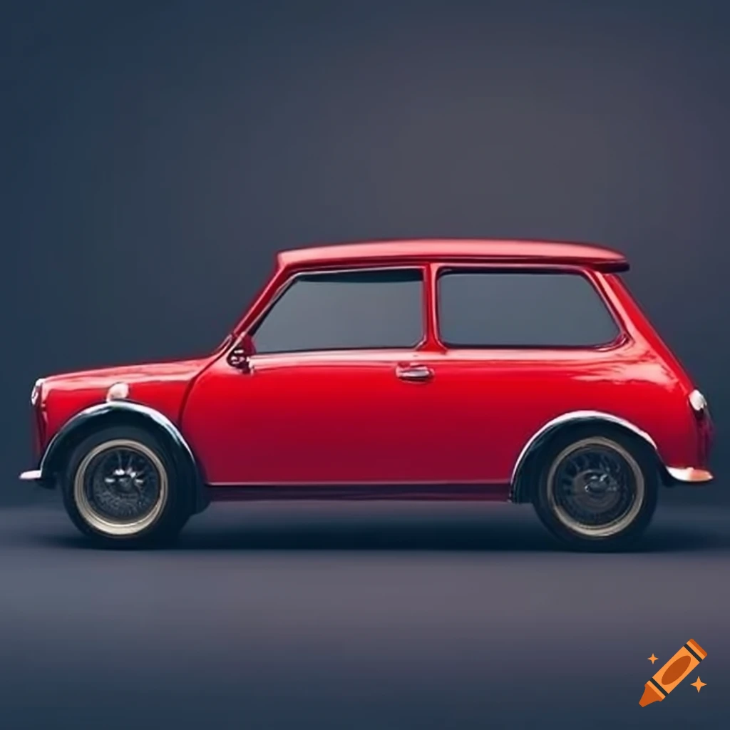 Red classic mini car with black roof on Craiyon