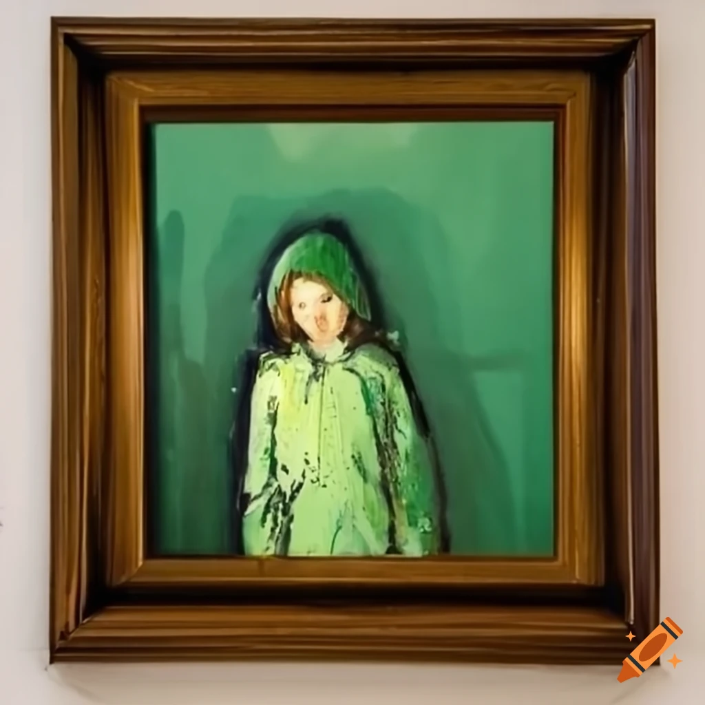 Painting of a woman in green raincoat under a streetlight