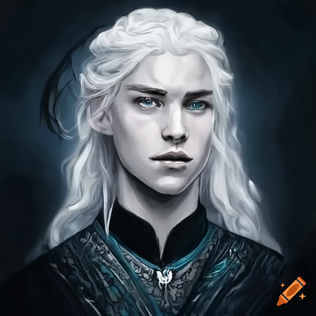 portrait of a young man with icy aqua hair in Targaryen costume