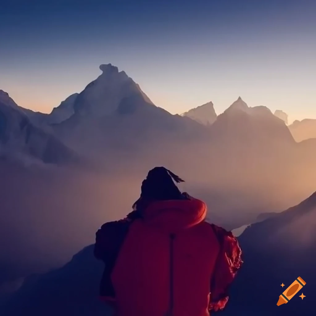 mountaineer admiring Everest and Lhotse at sunset
