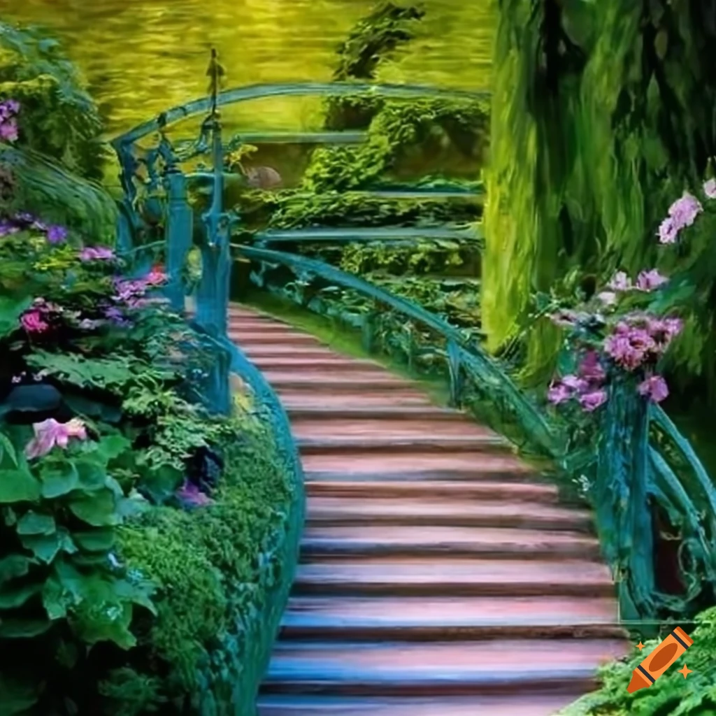 Victorian garden with curved stairs and palace