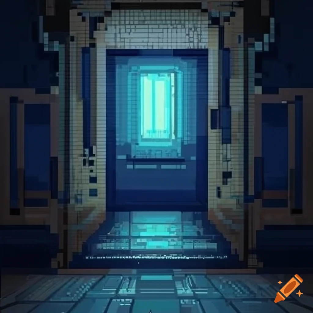 Pixel art of a sci fi industrial doorway with flickering lights on craiyon