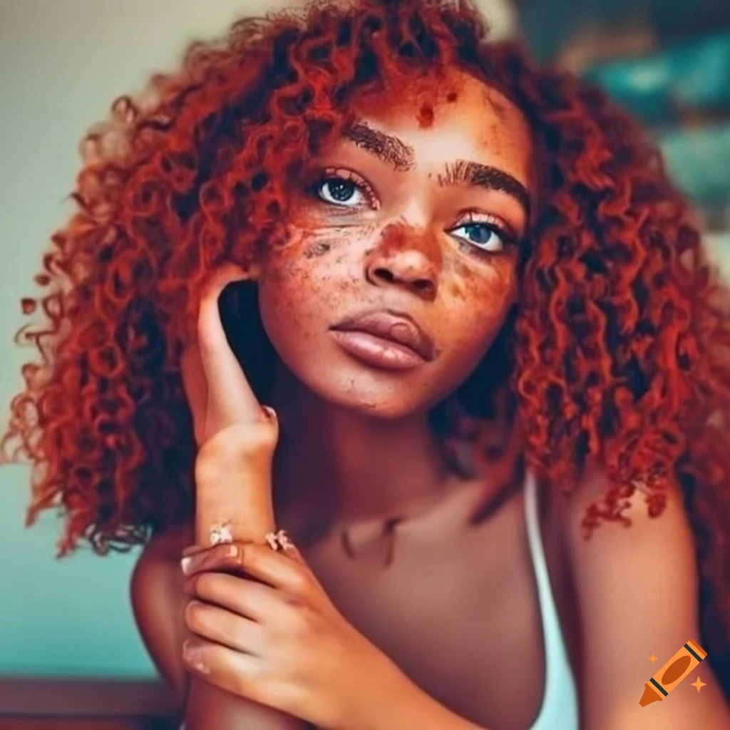 Portrait of a girl with red curly hair in a restaurant on Craiyon