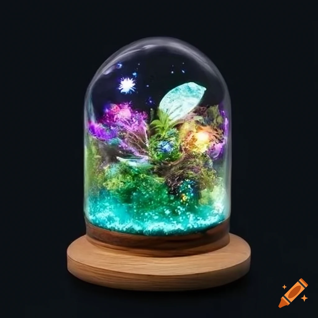 glowing crystal cosmic terrarium in a glass dome