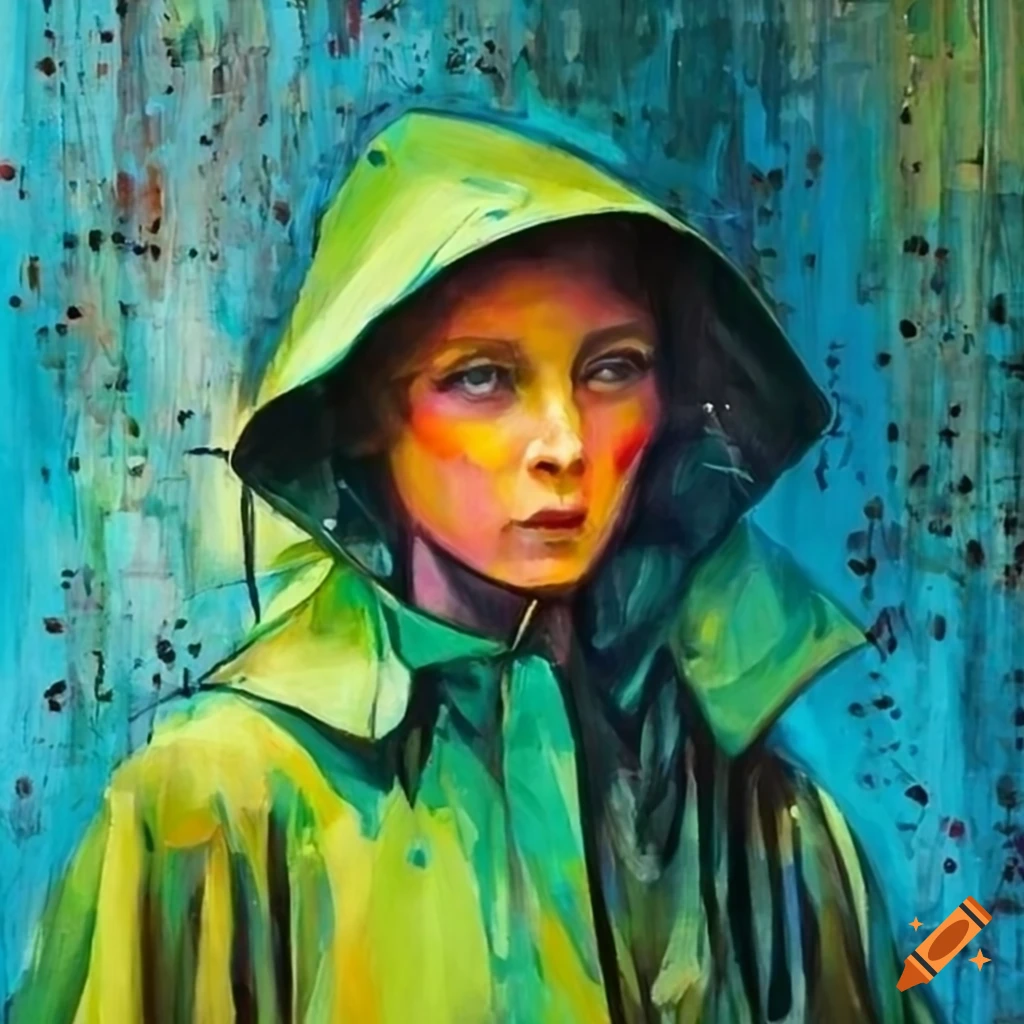 Painting of a woman in green raincoat under a streetlight on Craiyon