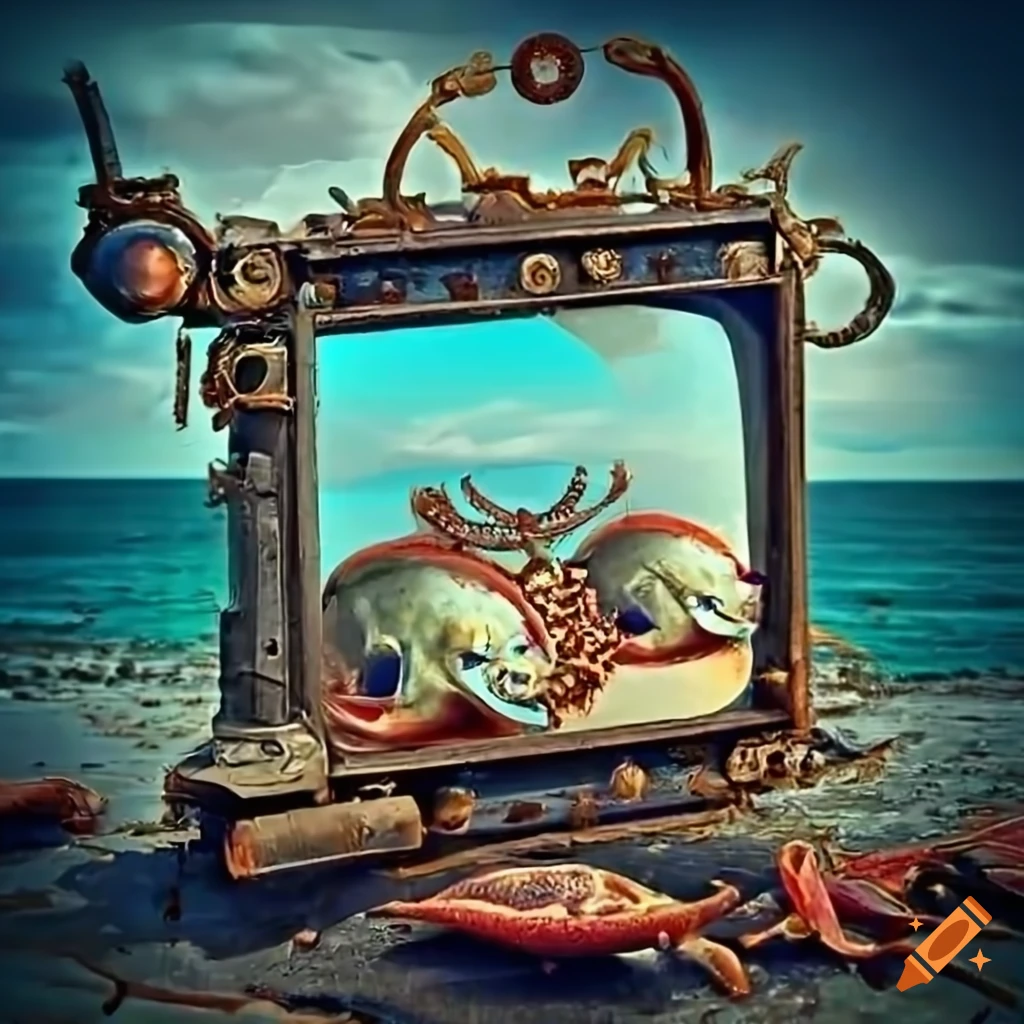 Surreal steampunk beach scene with crab machines and skulls watching old tv