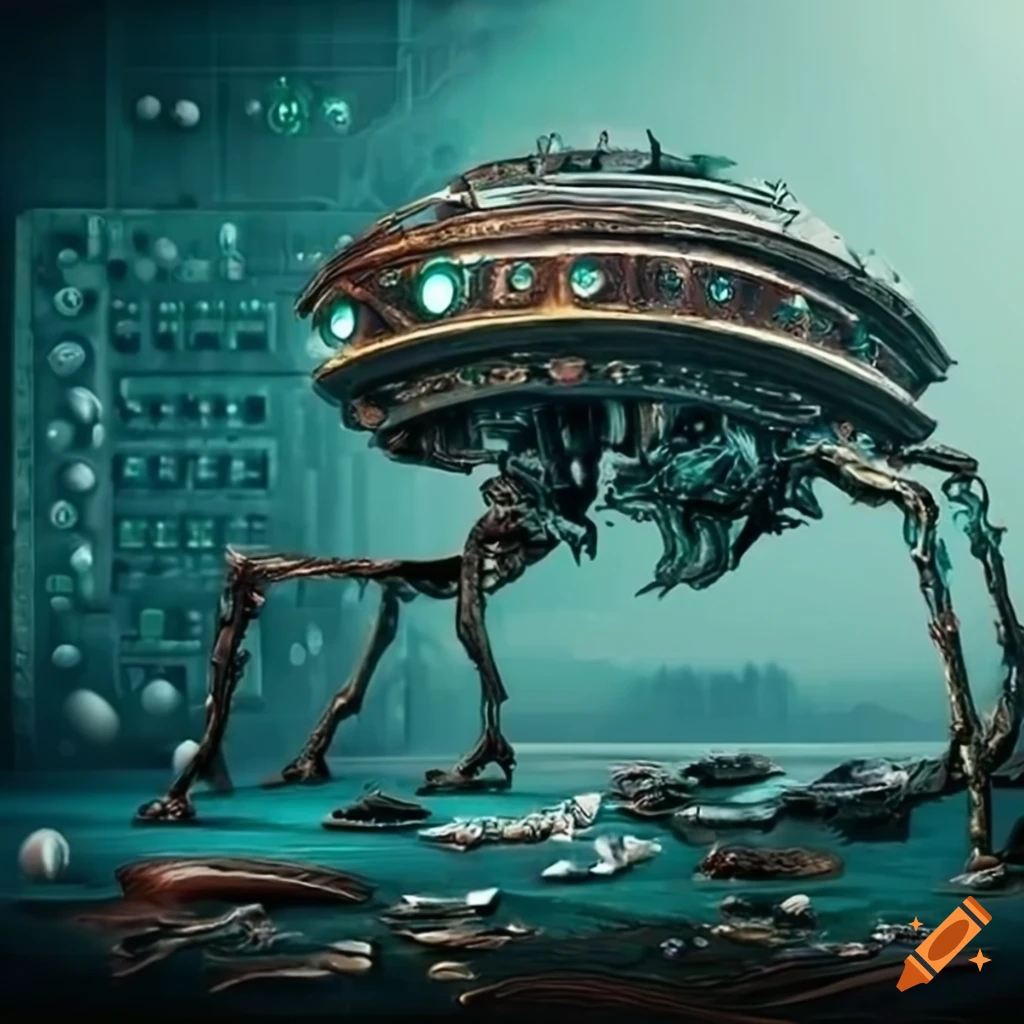 Surrealist artwork of alien machines and spaceship