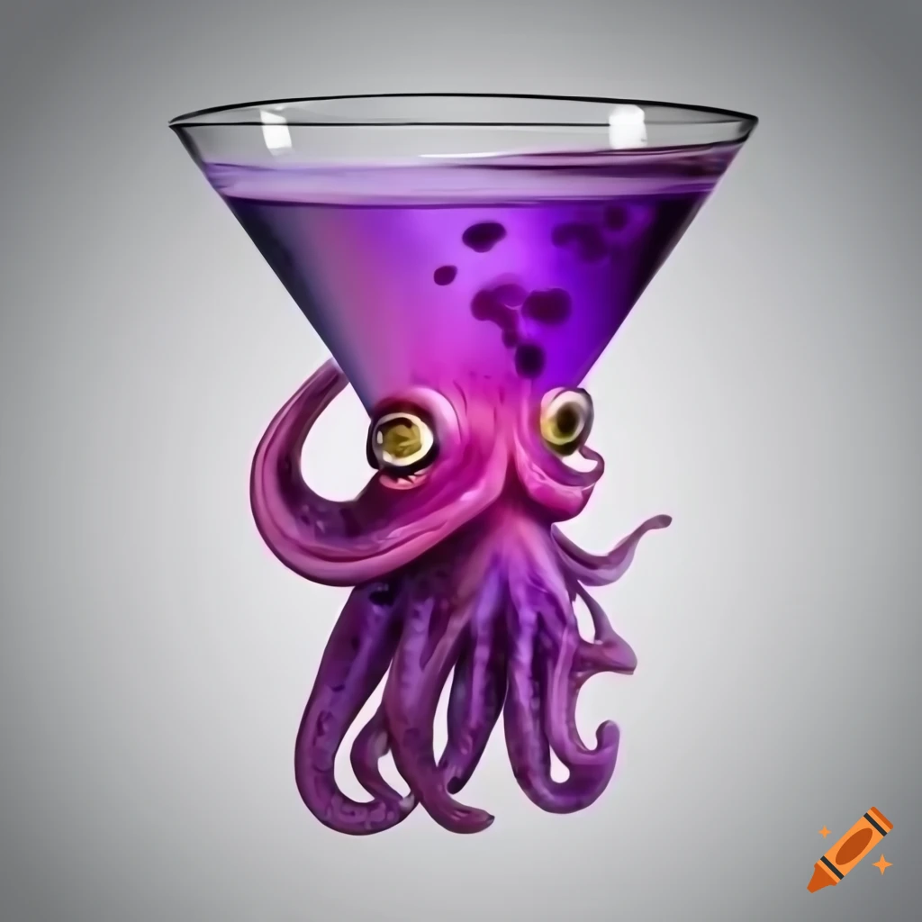 transparent image of a purple squid with a martini glass and olives