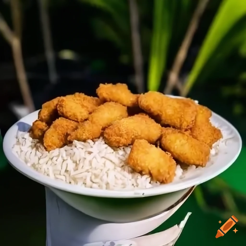 Delicious chicken nuggets and rice dish in a sunny garden on Craiyon