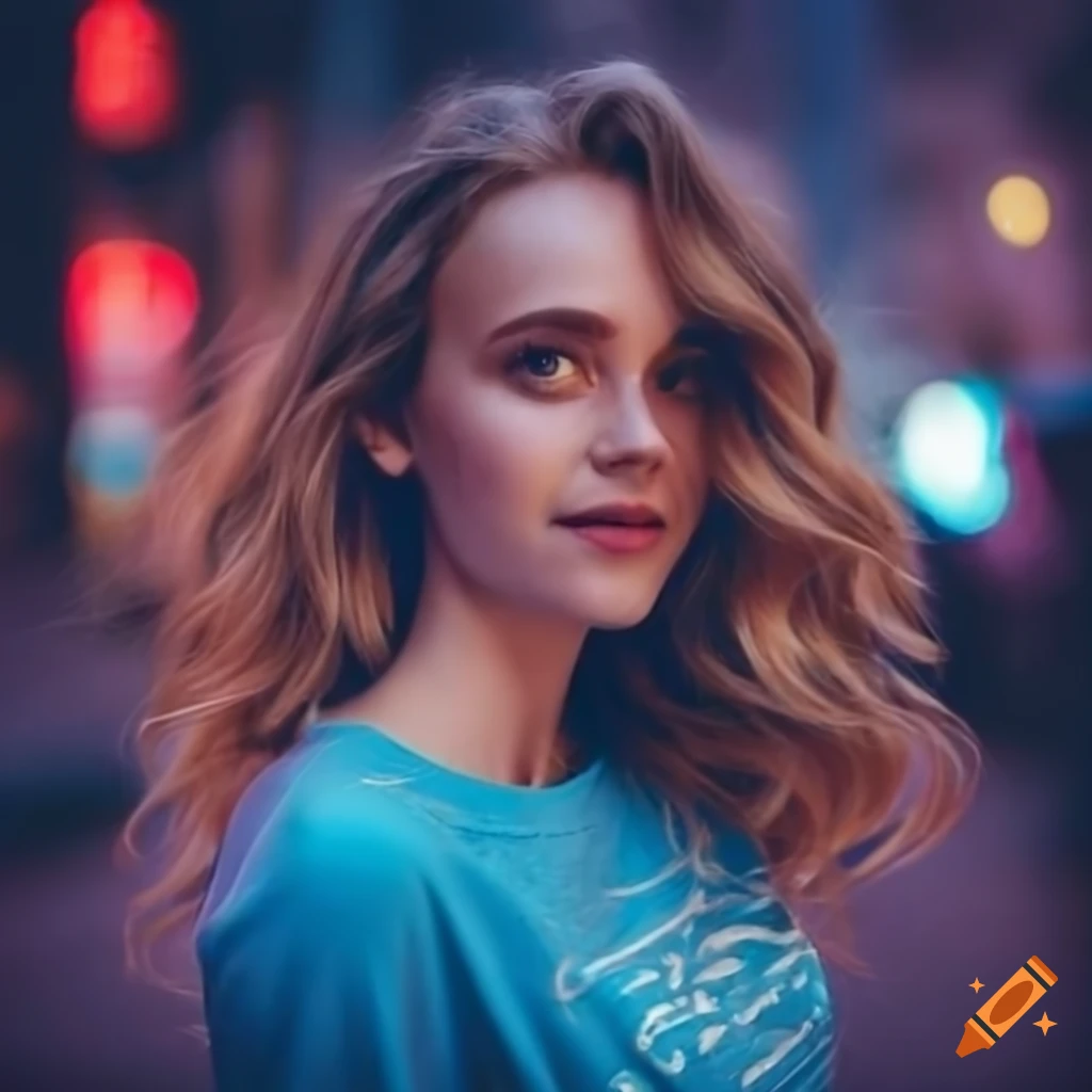 Attractive woman with long blonde hair in the city at night
