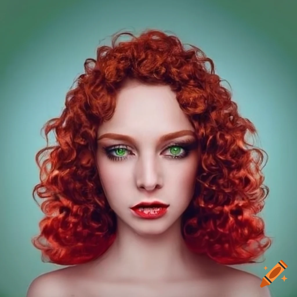 Portrait of a woman with dark red curls and green eyes