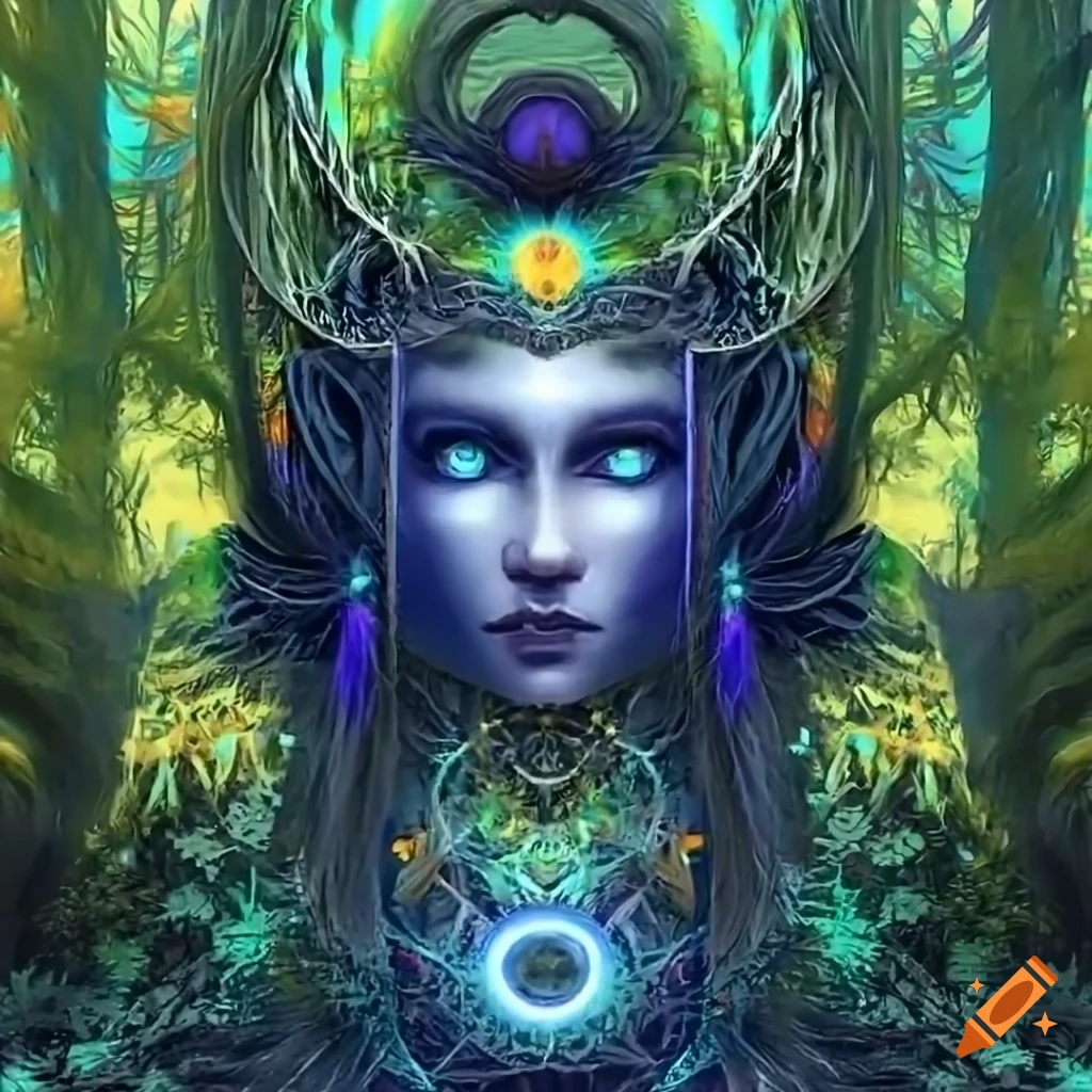 Art of a dream catcher goddess in a dark forest