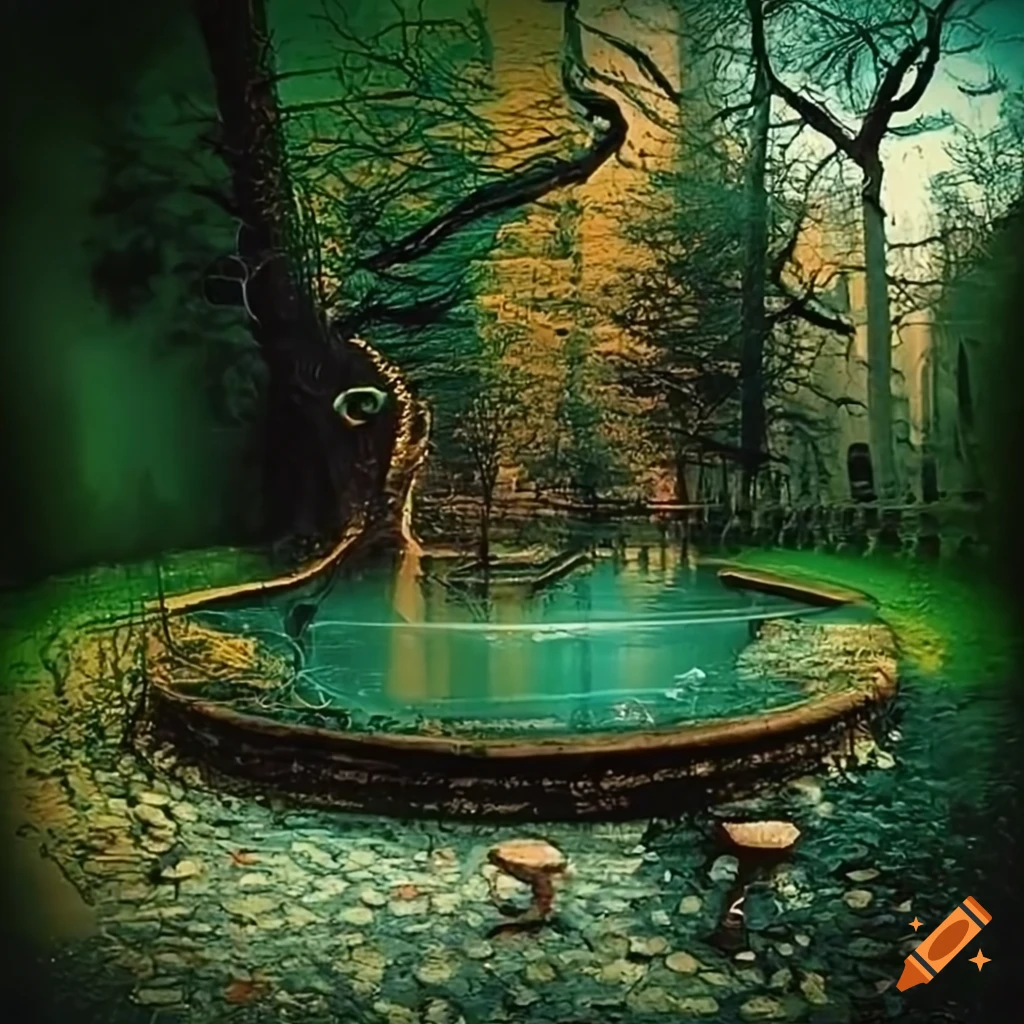 Surrealist urban city park with a fountain and ornamental fence on Craiyon