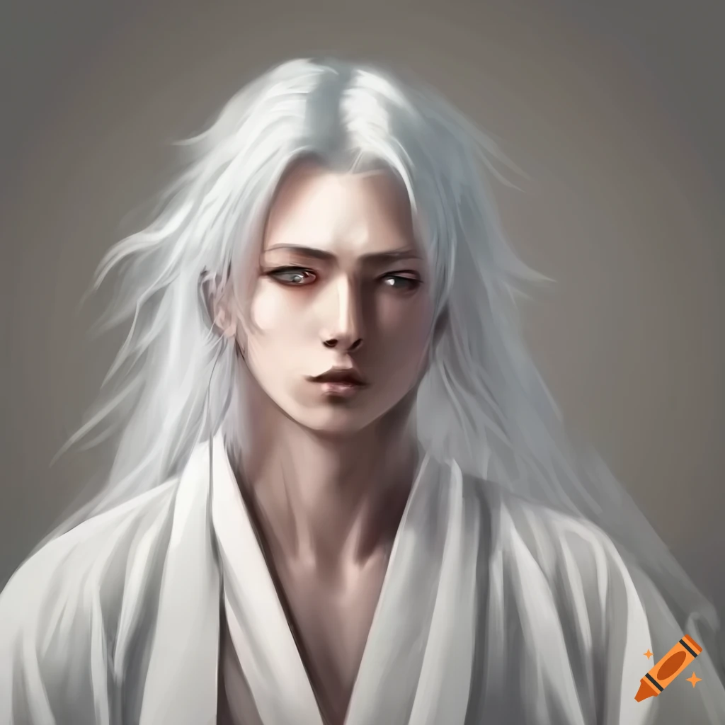 Portrait of a pale androgynous person in a white kimono