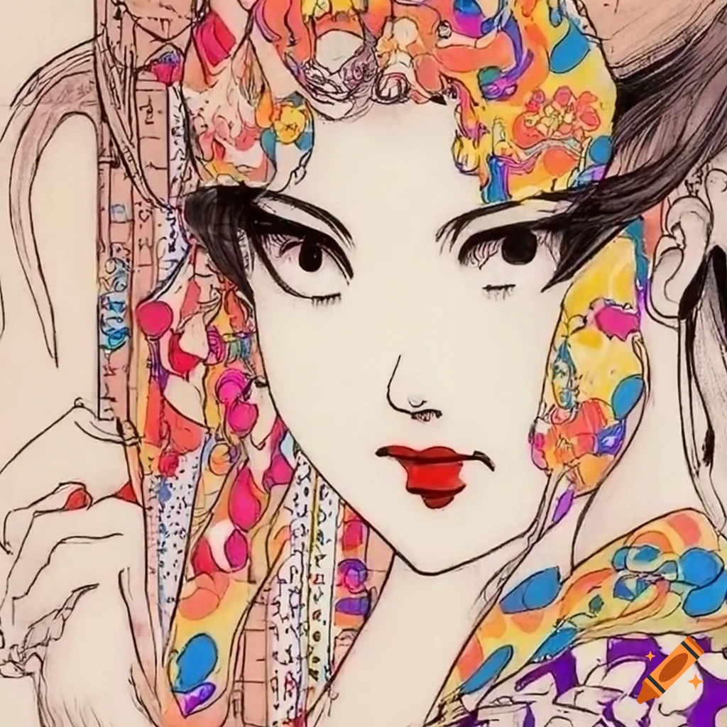 colorful manga sketch of a Japanese woman in white