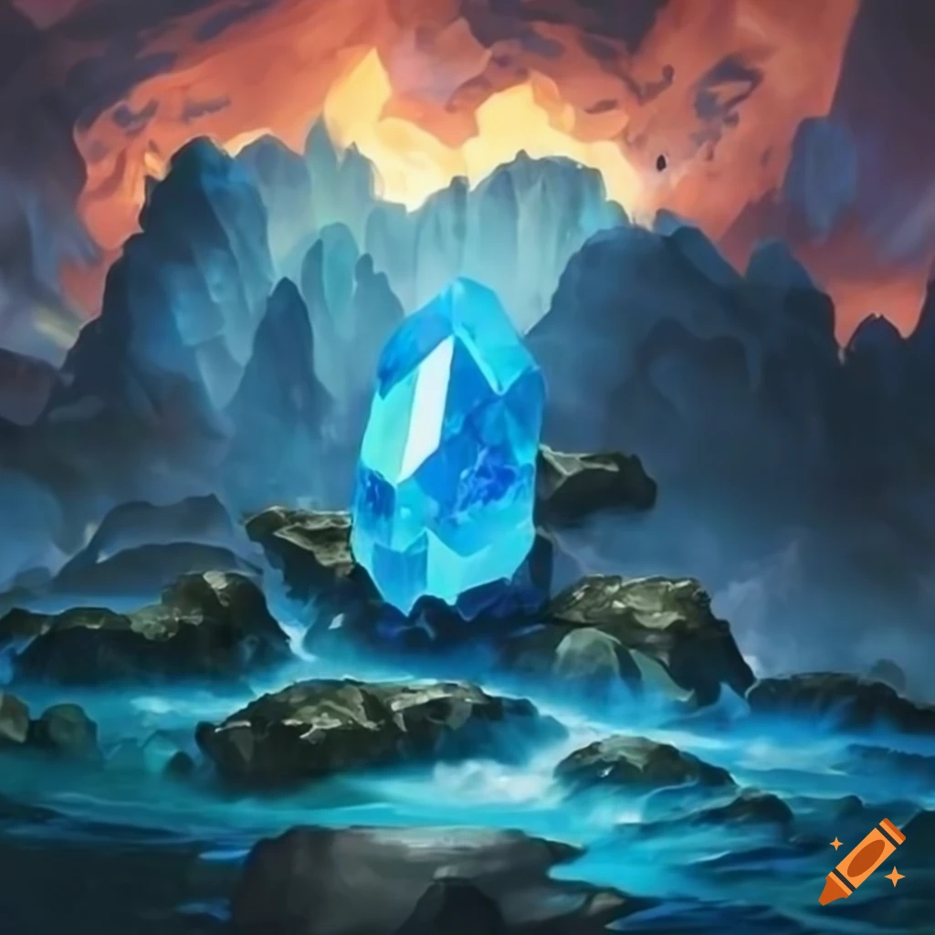 Epic landscape with a sapphire crystal gem on a rock on Craiyon