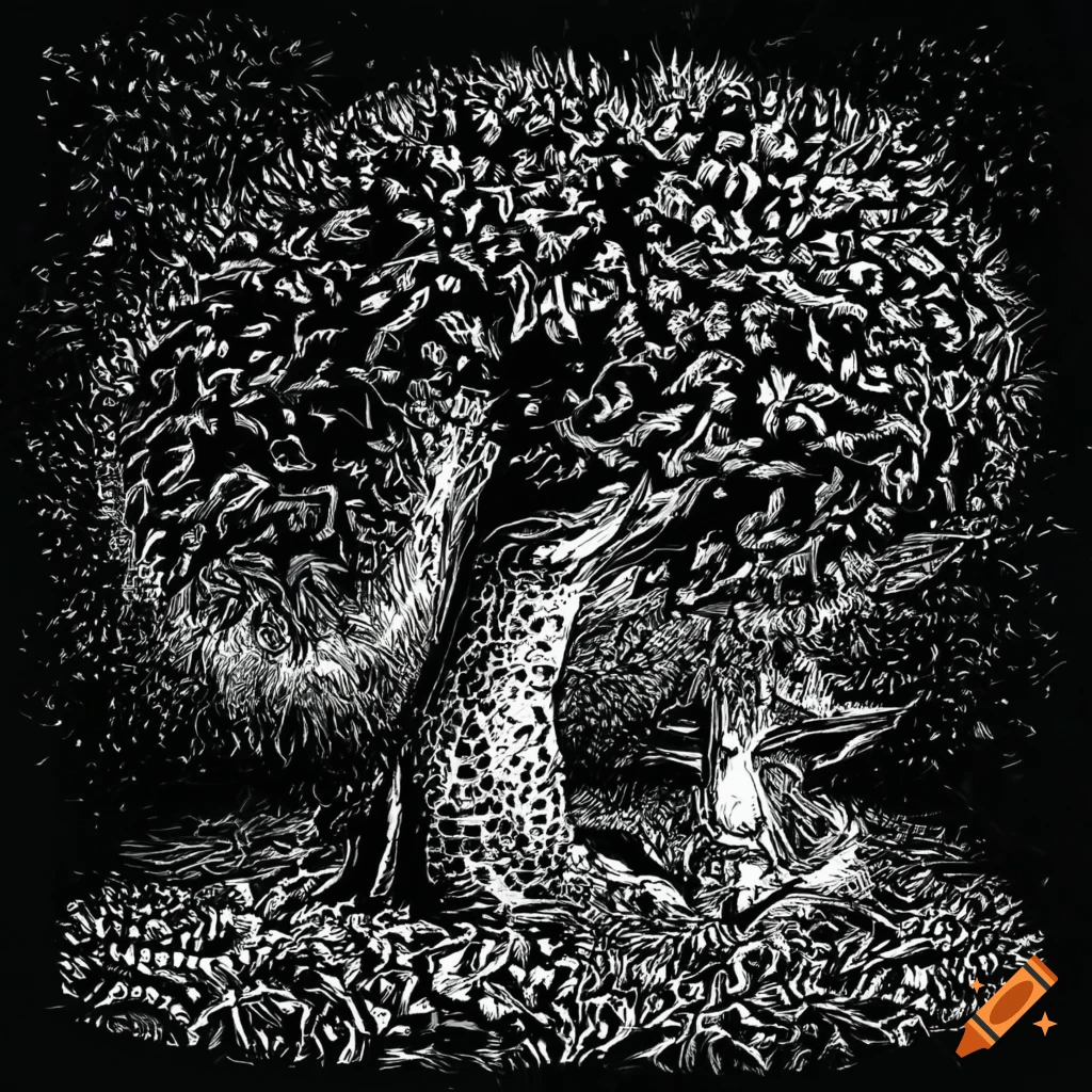 Arcade-style drawing of a wizard lizard talking to a tree in the rain ...