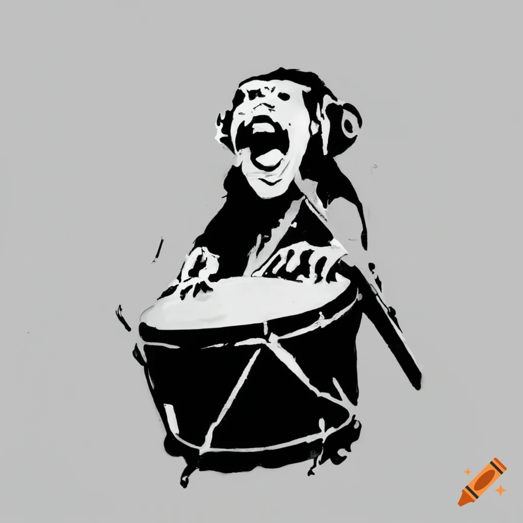 Black and white stencil of a drumming monkey on Craiyon